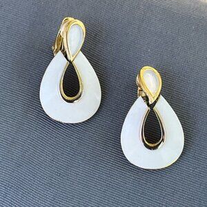 Vintage White Enamel Trifari Clip On Earrings